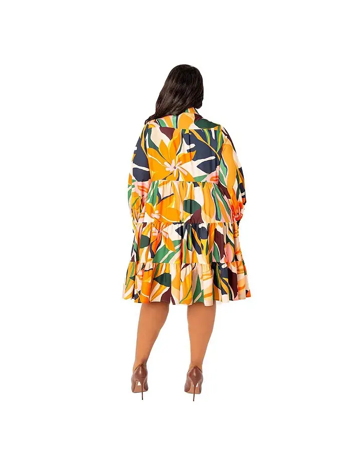 Платье-рубашка с длинным рукавом и ярусами в цветочном принте, plus size Buxom Couture — изображение 2 из 3, бежевый мульти