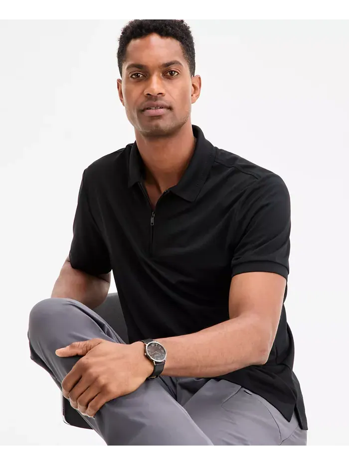 Мужская текстурированная поло с коротким рукавом и молнией на четверть Alfani — изображение 1 из 3, глубокий черный