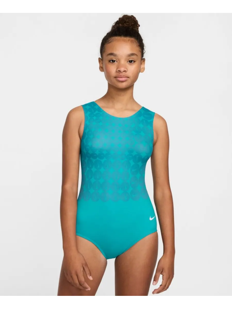Гимнастический купальник Nike для девочек 7-16 лет с принтом Swoosh Nike Gymnastics — изображение 1 из 7, зеленый