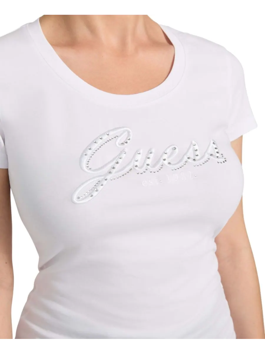 Женская футболка с вышитым логотипом и стразами GUESS — изображение 3 из 4, белый