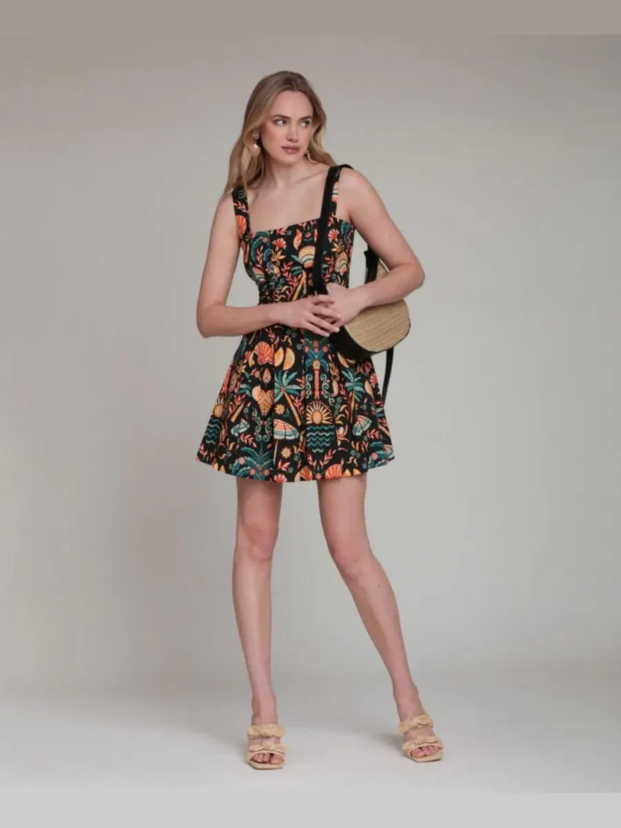 Женское мини-платье с тропическим принтом, эластичное, плиссированное Avec Les Filles — изображение 4 из 6, черный