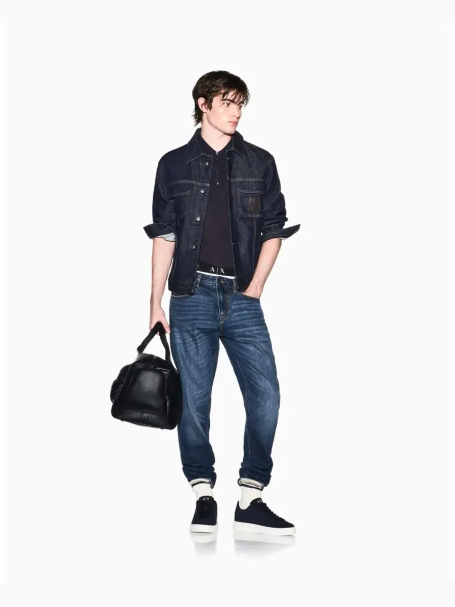 Мужская рубашка-поло с коротким рукавом и застежкой-молнией A|X Armani Exchange — изображение 3 из 5, глубокий темно-синий