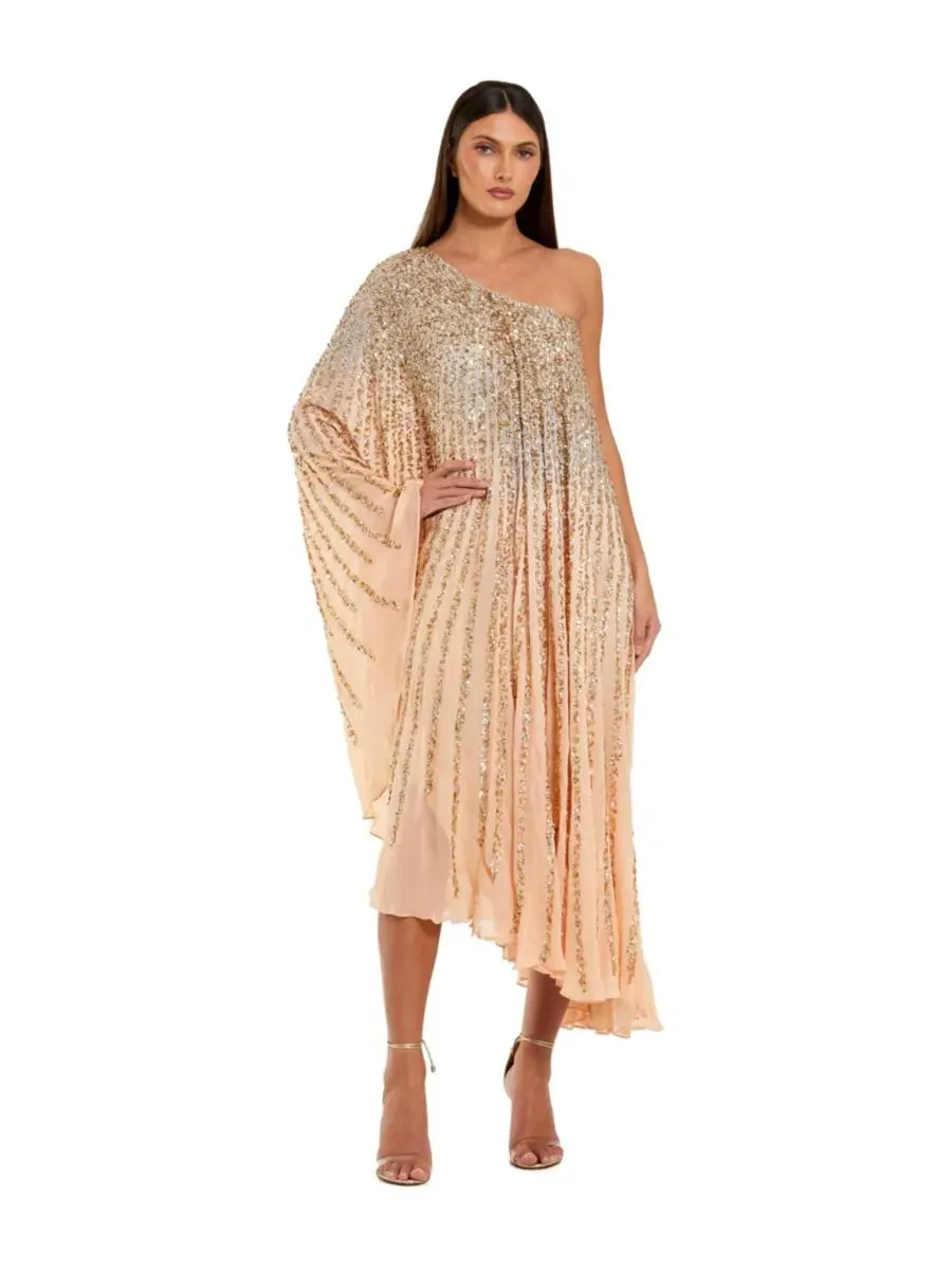 Платье-кафтан с пайетками и асимметричным вырезом, модель One Shoulder Ombre Sequin Mac Duggal