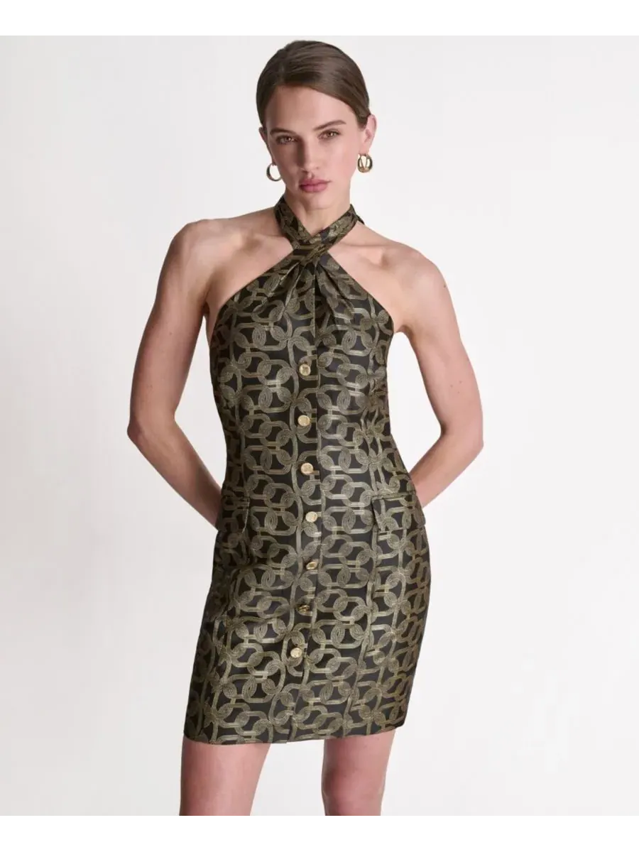 Платье мини с металлическим принтом, модель Scuba Crepe Halter Mini BCBG — изображение 1 из 6, черный