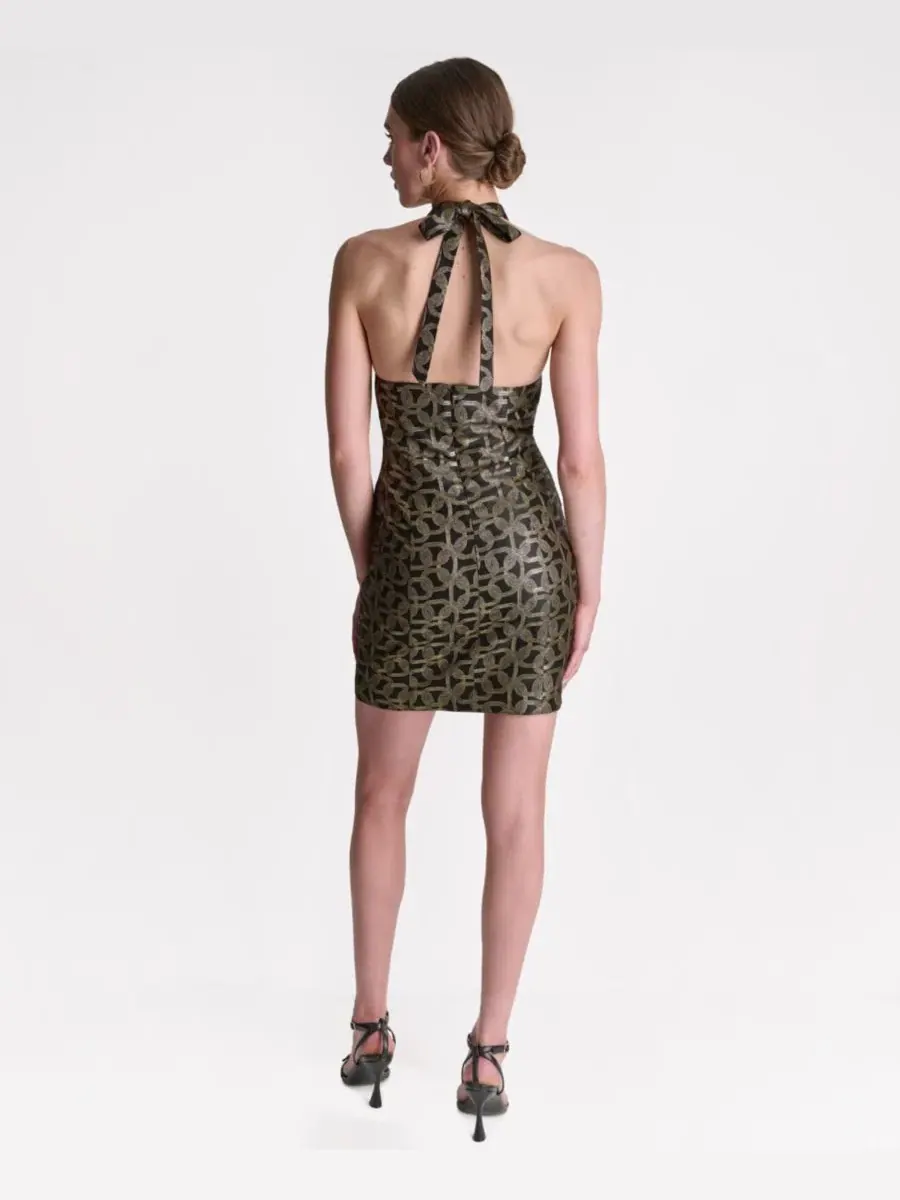Платье мини с металлическим принтом, модель Scuba Crepe Halter Mini BCBG — изображение 5 из 6, черный