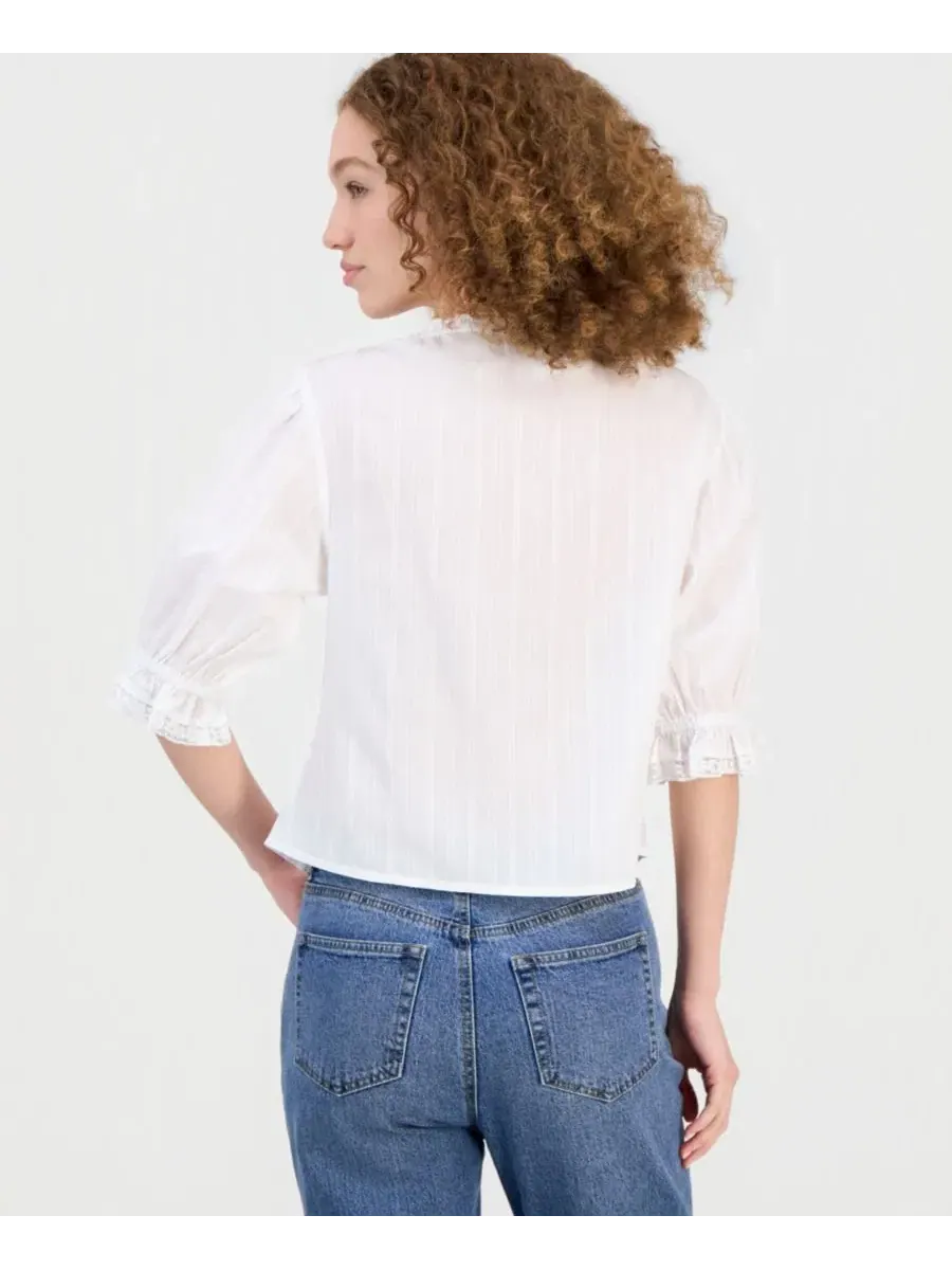 Блуза с оборками и кружевом, модель Ruffled-Neck Short-Sleeve Blouse And Now This — изображение 4 из 4, яркий белый