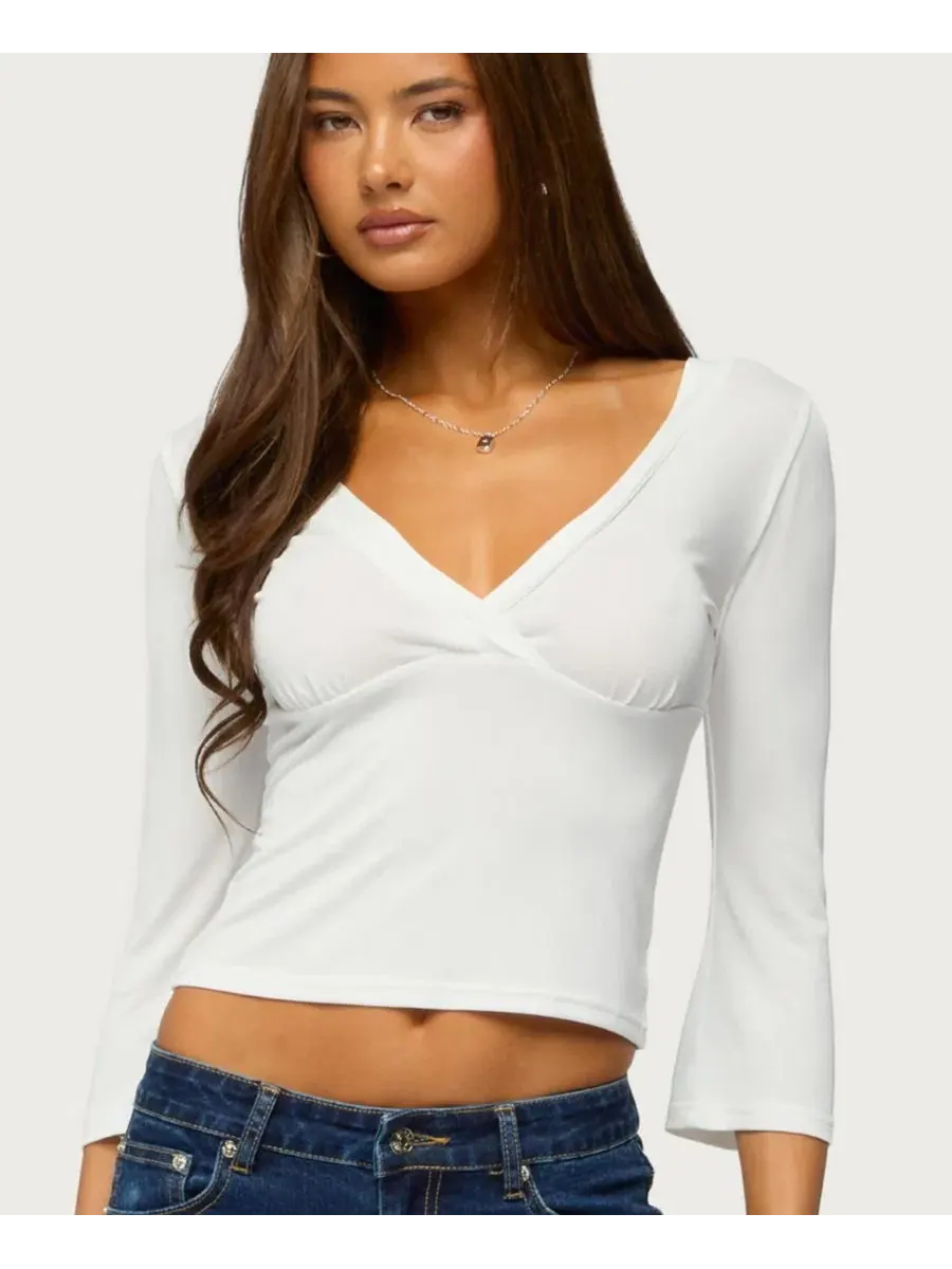 Топ с V-образным вырезом и рукавом 3/4, модель Mar V Neck Quarter Sleeve Edikted — изображение 1 из 5, бежевый