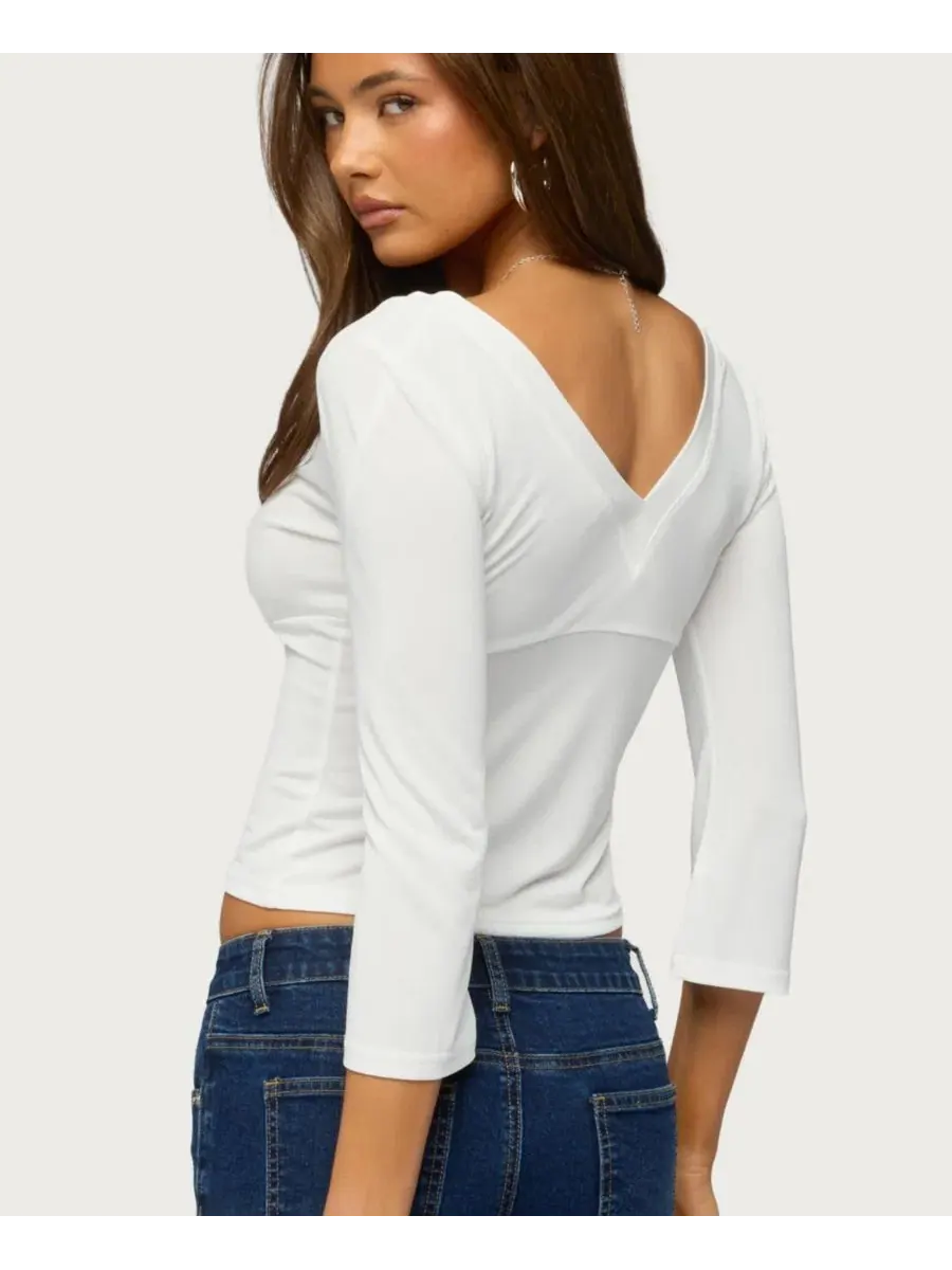 Топ с V-образным вырезом и рукавом 3/4, модель Mar V Neck Quarter Sleeve Edikted — изображение 2 из 5, бежевый