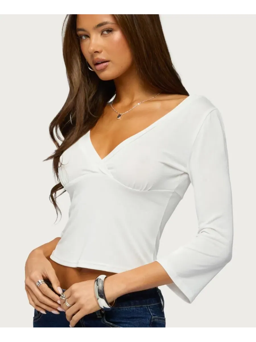 Топ с V-образным вырезом и рукавом 3/4, модель Mar V Neck Quarter Sleeve Edikted — изображение 4 из 5, бежевый