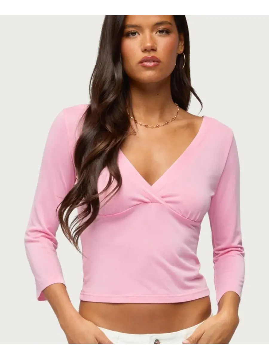 Топ с V-образным вырезом и рукавом 3/4, Mar V Neck Quarter Sleeve Edikted — изображение 1 из 5, розовый