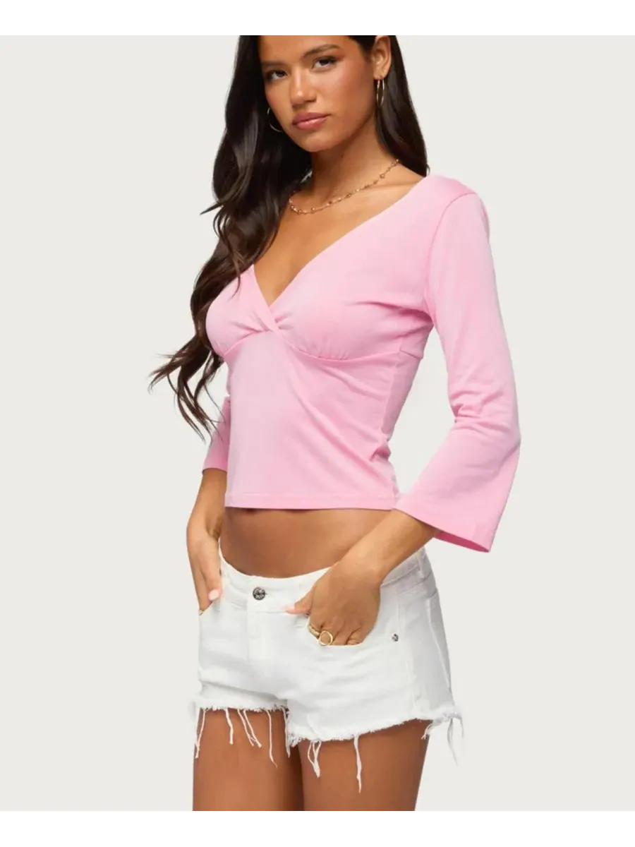 Топ с V-образным вырезом и рукавом 3/4, Mar V Neck Quarter Sleeve Edikted — изображение 4 из 5, розовый