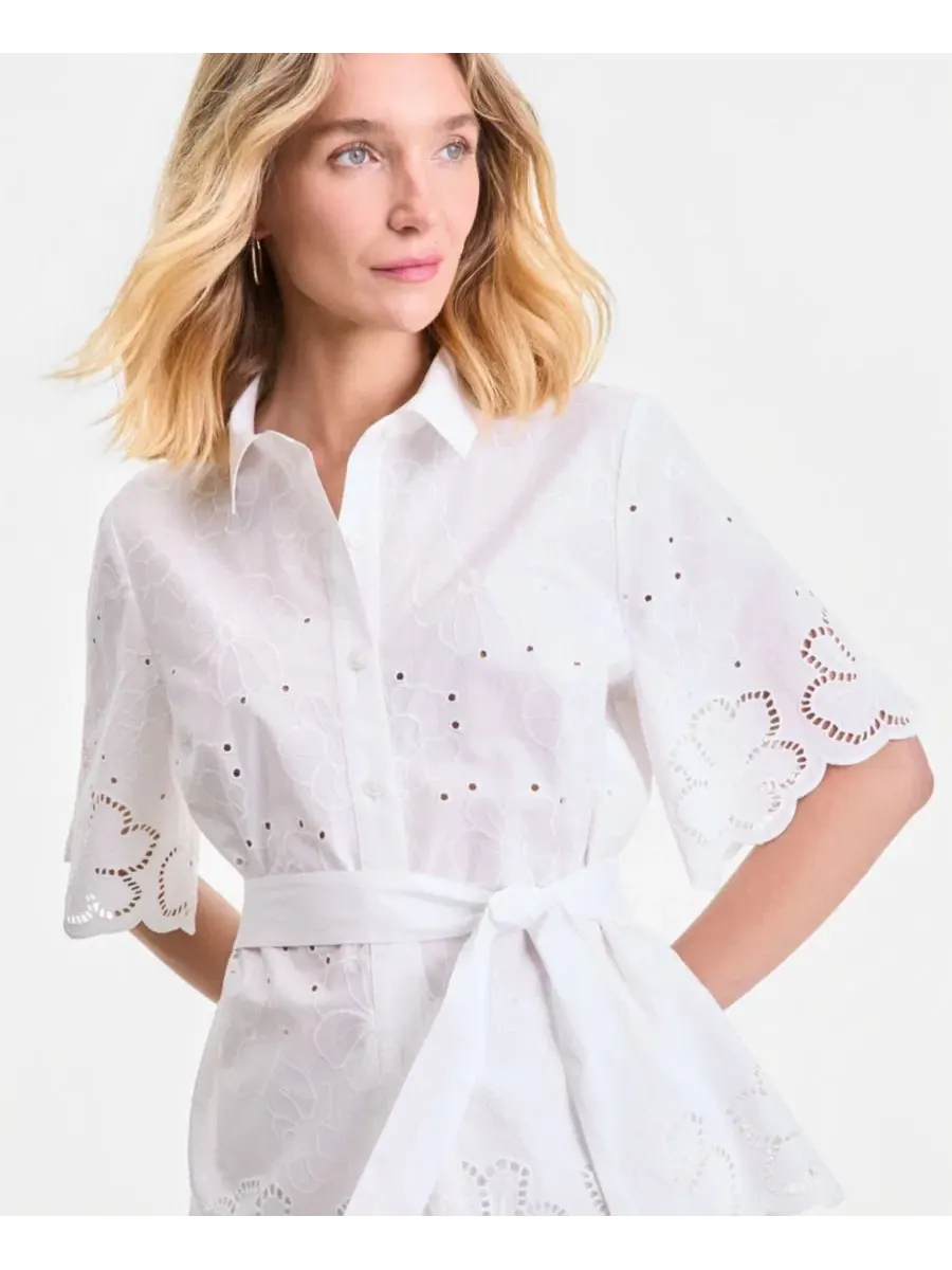 Блуза из хлопка с завязкой на талии, модель Eyelet Tie-Waist I.N.C. International Concepts — изображение 2 из 4, яркий белый