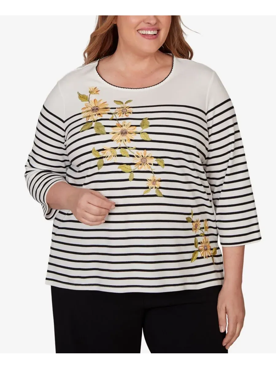 Топ трикотажный с принтом в полоску и подсолнухами Sunflower Stripe Knit Top Alfred Dunner — изображение 1 из 5, черный/белый