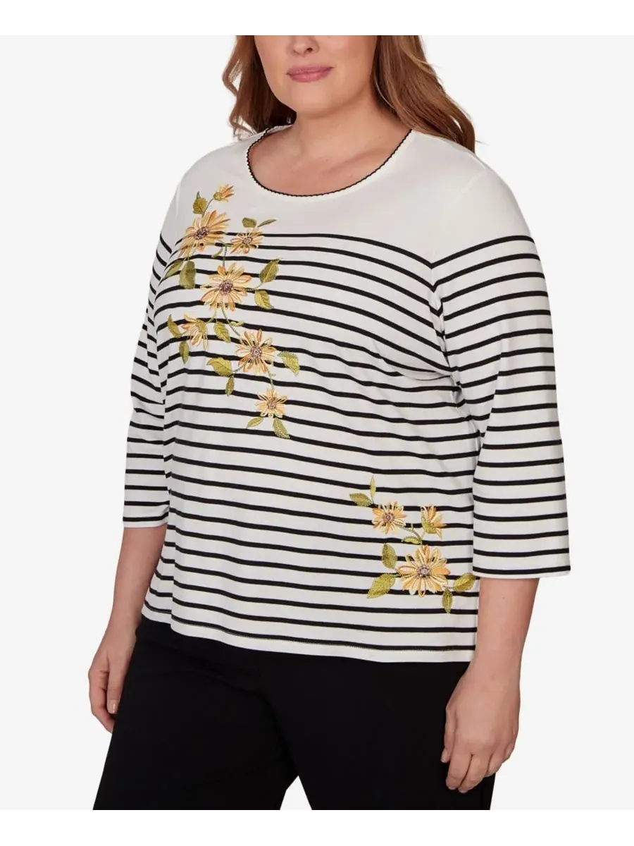 Топ трикотажный с принтом в полоску и подсолнухами Sunflower Stripe Knit Top Alfred Dunner — изображение 2 из 5, черный/белый