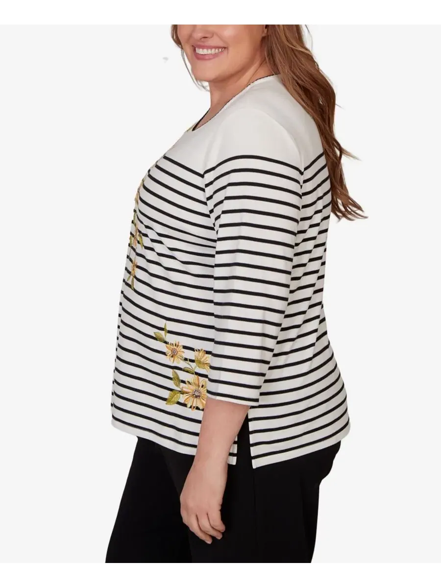 Топ трикотажный с принтом в полоску и подсолнухами Sunflower Stripe Knit Top Alfred Dunner — изображение 3 из 5, черный/белый