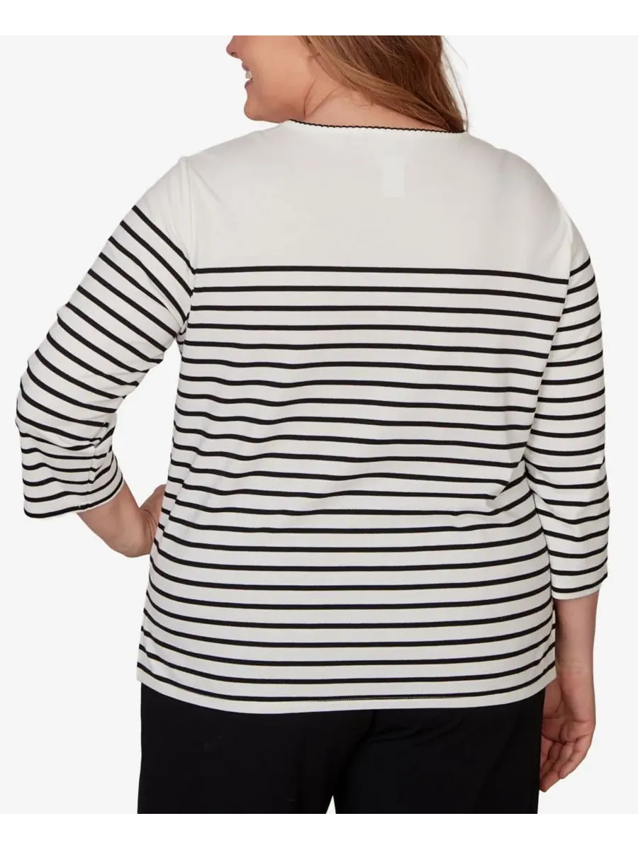 Топ трикотажный с принтом в полоску и подсолнухами Sunflower Stripe Knit Top Alfred Dunner — изображение 5 из 5, черный/белый