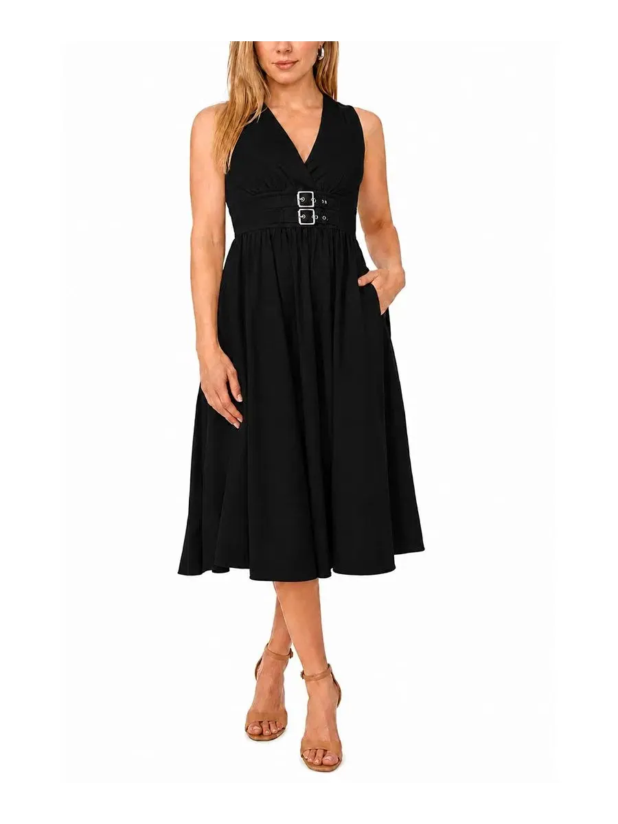 Платье-миди без рукавов с поясом Petite Sleeveless Buckle-Waist Midi Dress MSK — изображение 1 из 4, черный