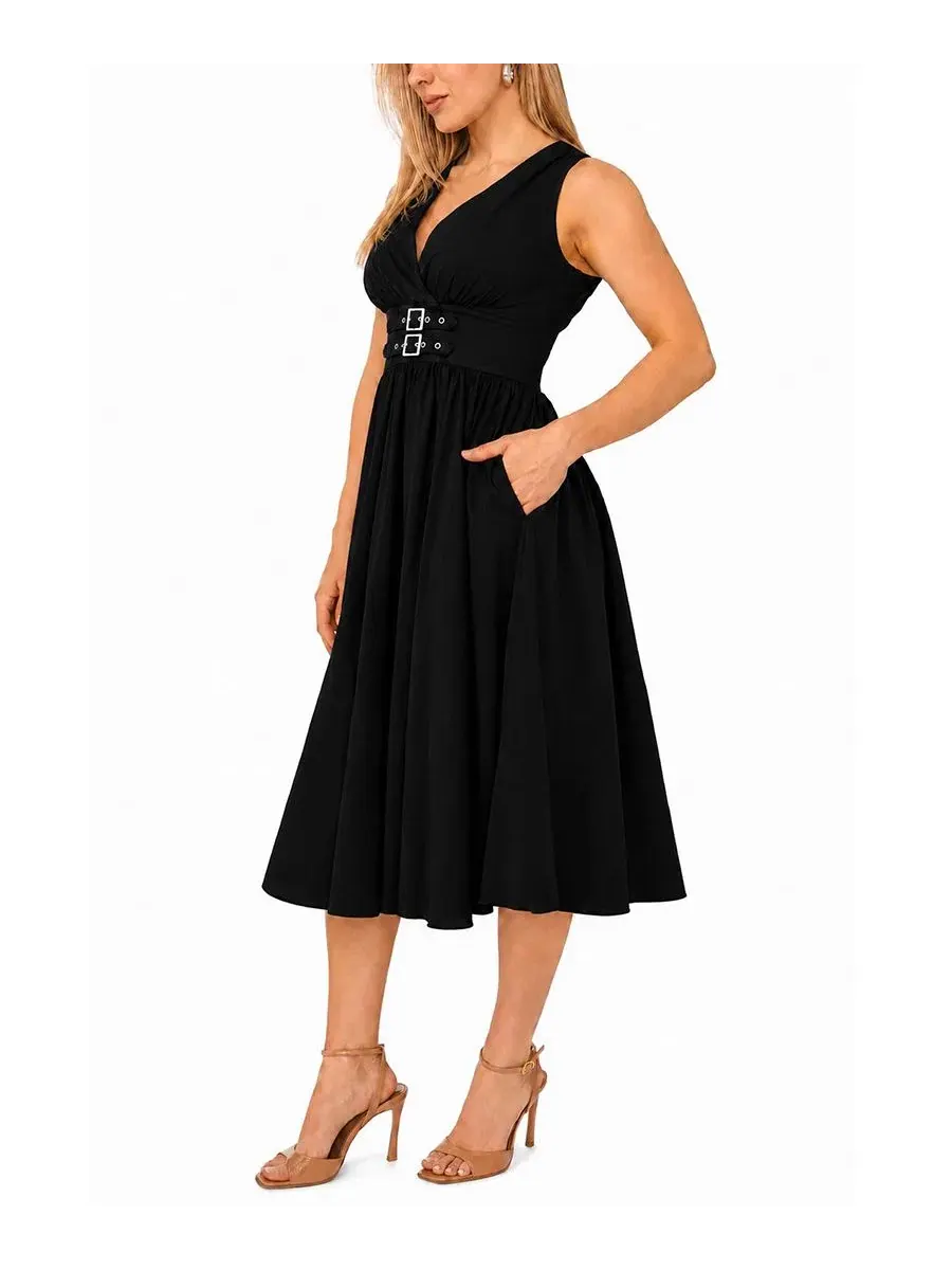 Платье-миди без рукавов с поясом Petite Sleeveless Buckle-Waist Midi Dress MSK — изображение 2 из 4, черный