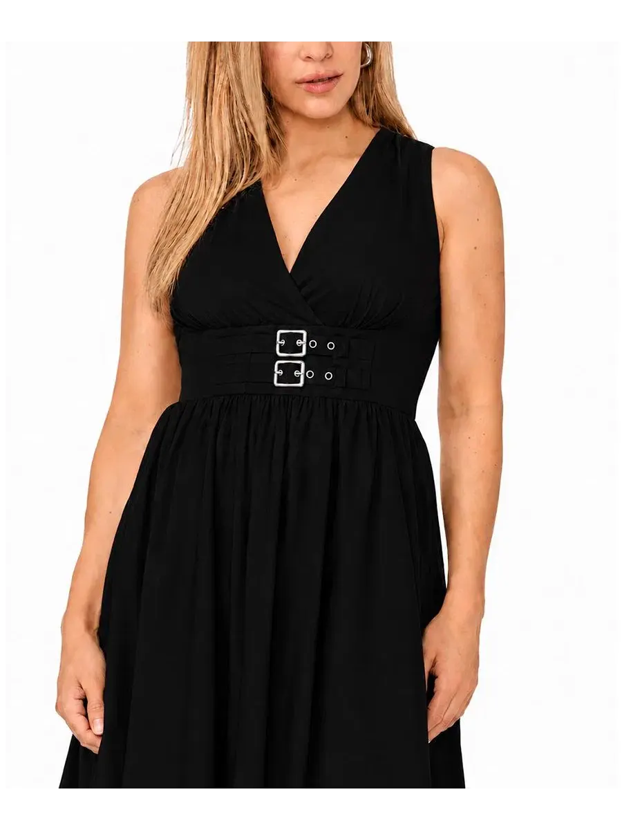 Платье-миди без рукавов с поясом Petite Sleeveless Buckle-Waist Midi Dress MSK — изображение 3 из 4, черный