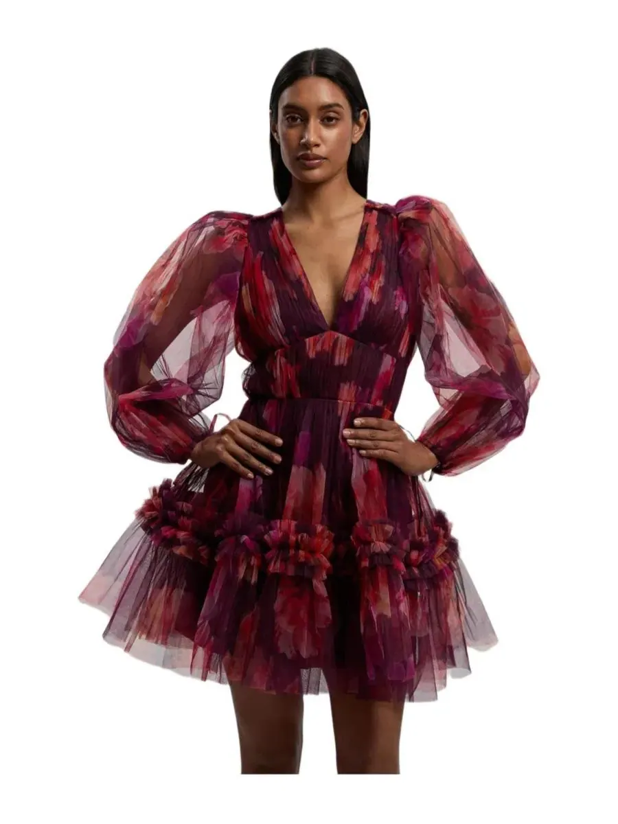 Платье мини из тюля с рукавом-фонарик Karen Millen — изображение 1 из 8, фиолетовый