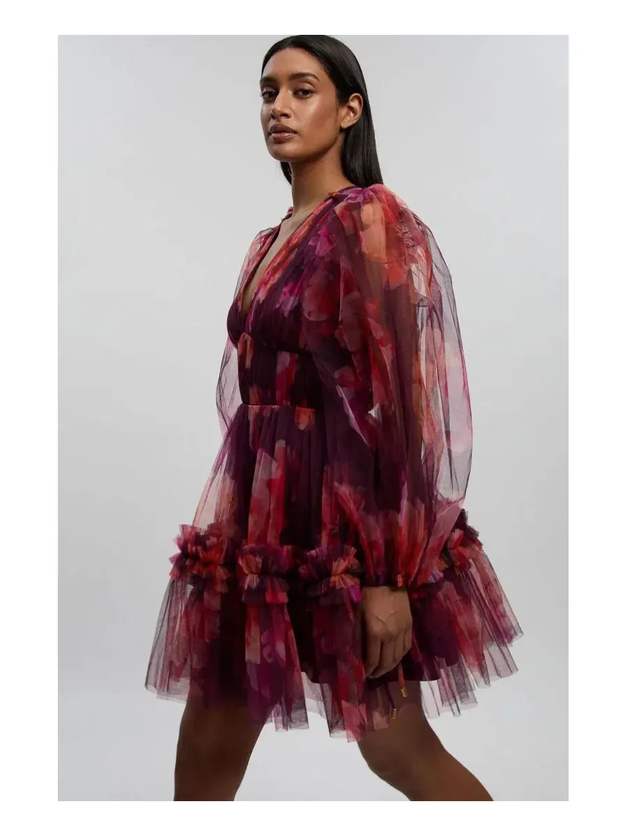 Платье мини из тюля с рукавом-фонарик Karen Millen — изображение 4 из 8, фиолетовый