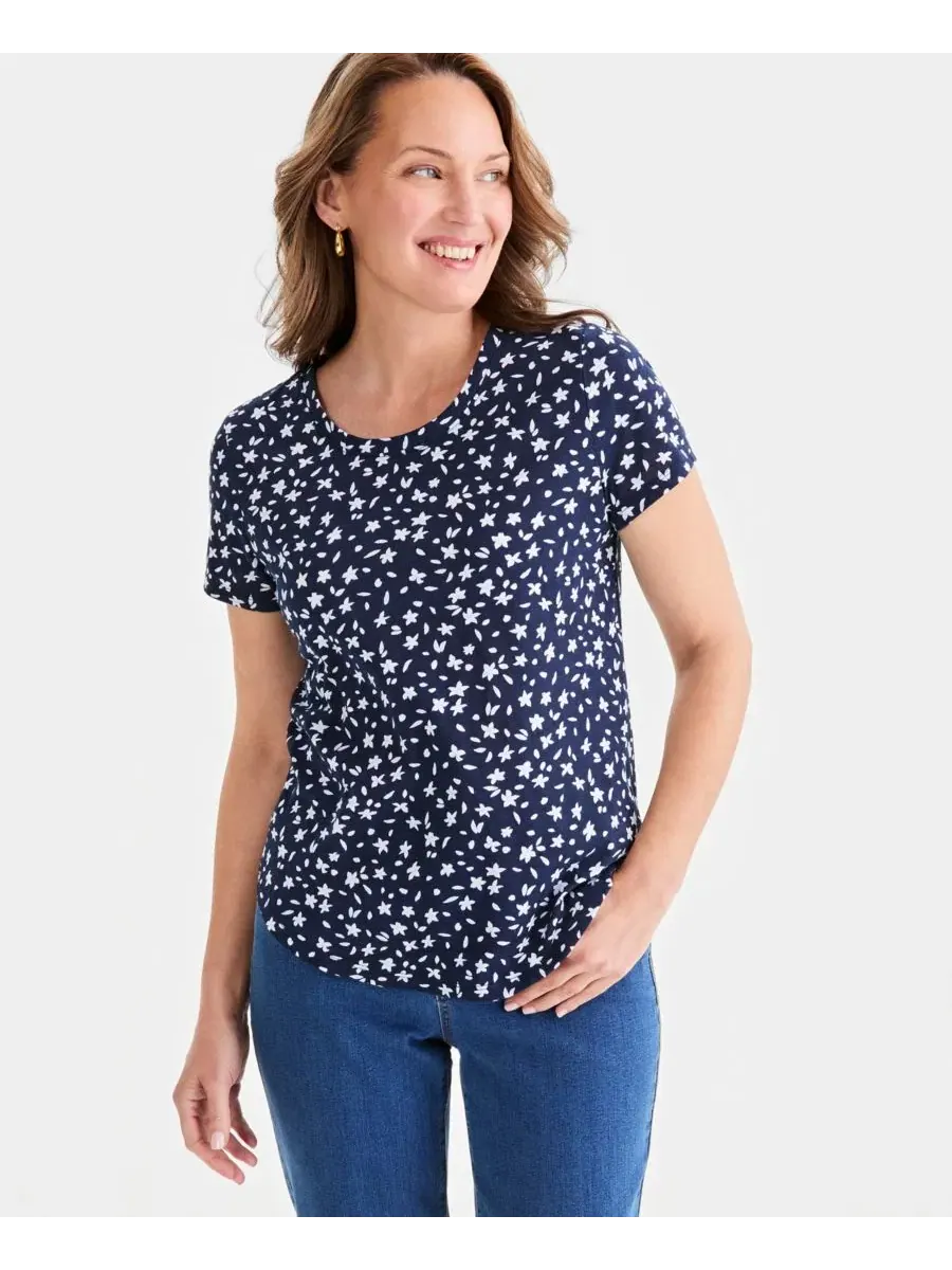 Футболка с коротким рукавом и принтом Petite Short-Sleeve Ditsy Print Crewneck T-Shirt Style & Co — изображение 1 из 4, синий