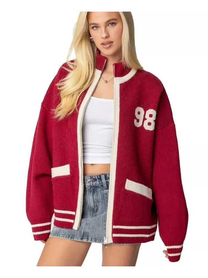 Женский свитер 98 Varsity на молнии Edikted — изображение 1 из 5, бордовый