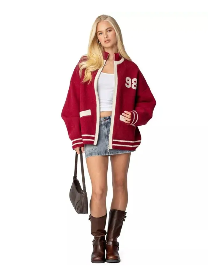 Женский свитер 98 Varsity на молнии Edikted — изображение 5 из 5, бордовый