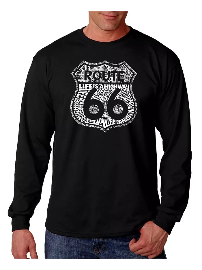Мужская футболка с длинным рукавом Route 66 - Life is a Highway с принтом LA Pop Art — изображение 1 из 1, черный