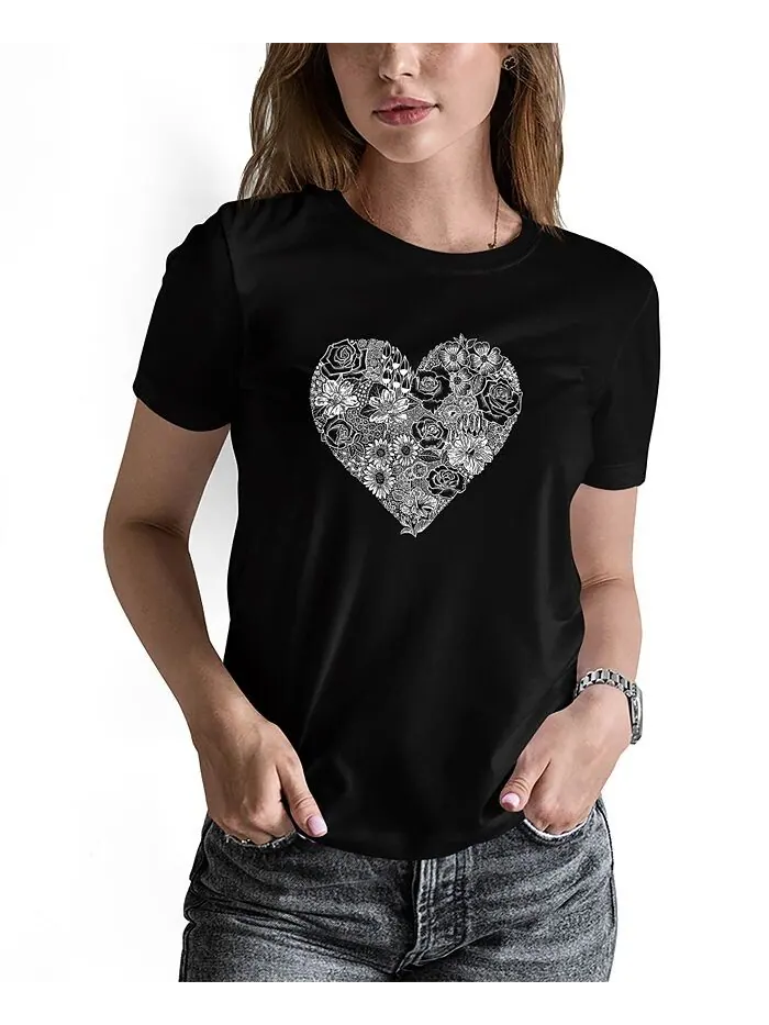 Женская футболка с короткими рукавами и надписью Word Art Heart Flowers LA Pop Art — изображение 1 из 3, черный