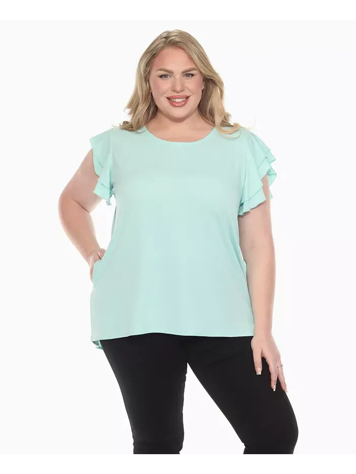 Однотонный топ больших размеров с оборками на рукавах White Mark — изображение 1 из 5, бирюзовый