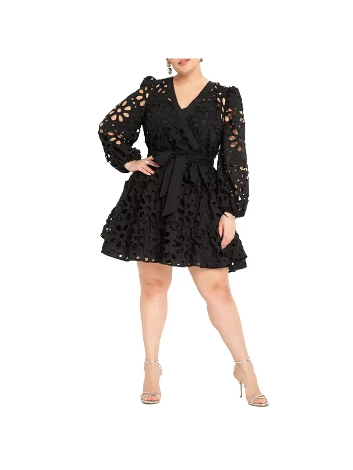Платье мини с ярусами и ажурной отделкой Plus Size ELOQUII — изображение 1 из 3, черный