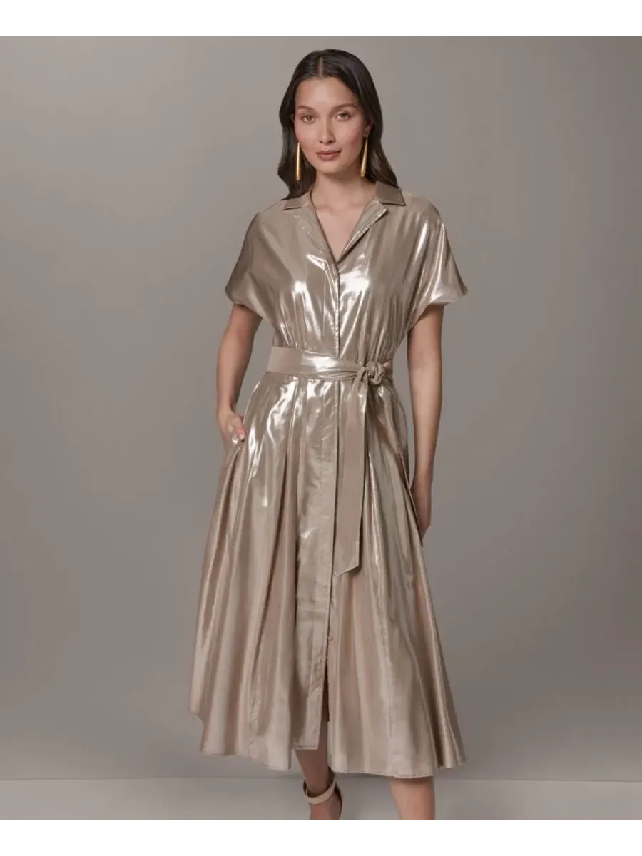 Женское миди-платье с короткими рукавами и воротником Donna Karan New York — изображение 1 из 7, серебряный