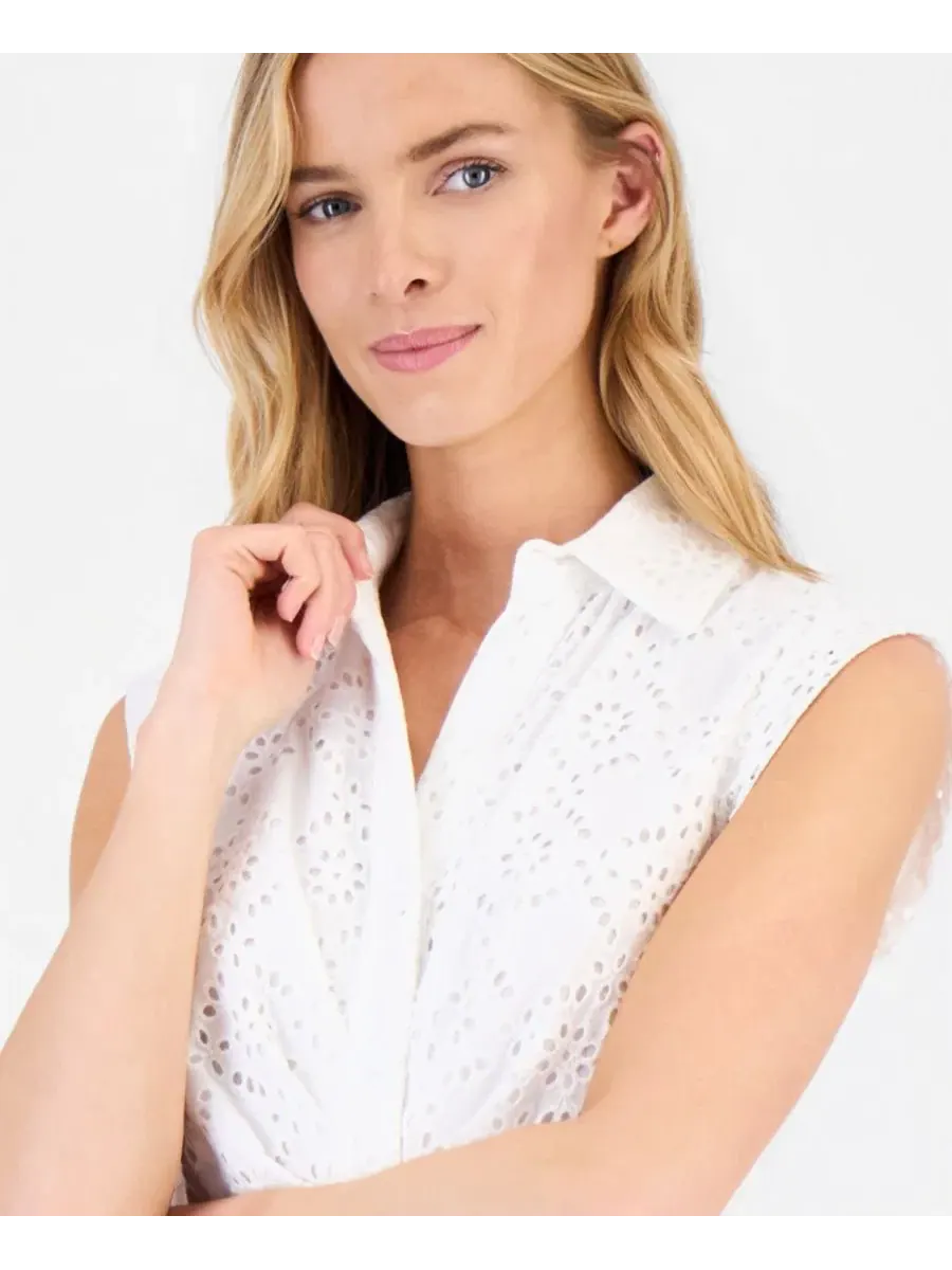 Женское платье-рубашка с вышивкой в технике ажурной вышивки Anne Klein — изображение 3 из 3, белый