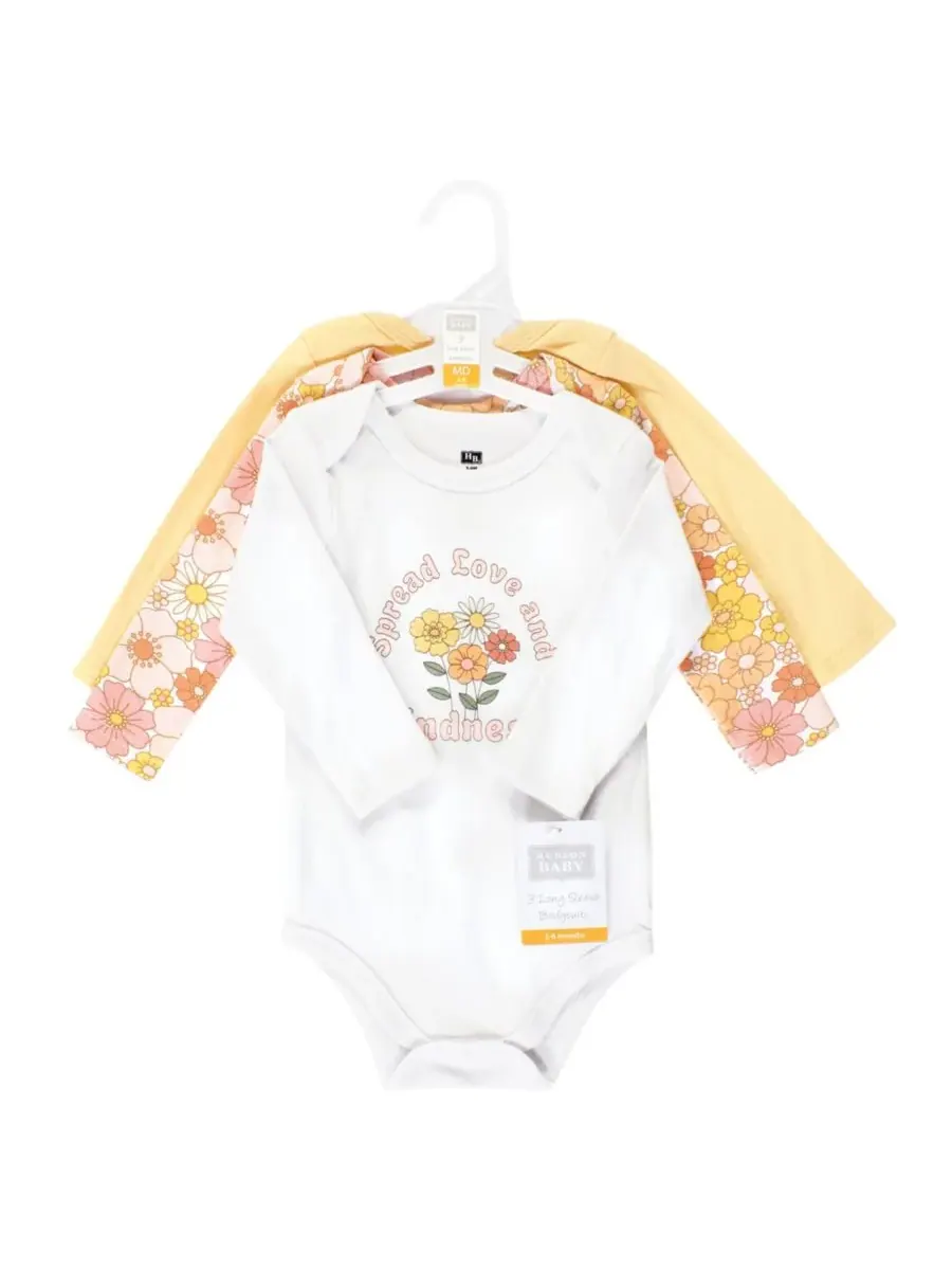 Комплект из 3 хлопковых боди с длинными рукавами Hudson Baby, Peace Love Flowers — изображение 3 из 5