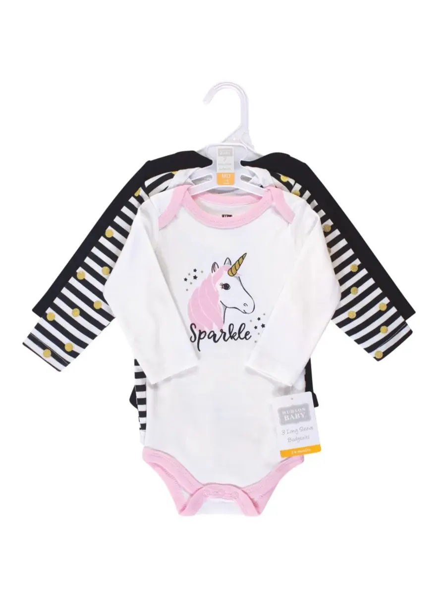 Комплект из 3 хлопковых боди с длинными рукавами Hudson Baby, Sparkle Unicorn — изображение 2 из 2