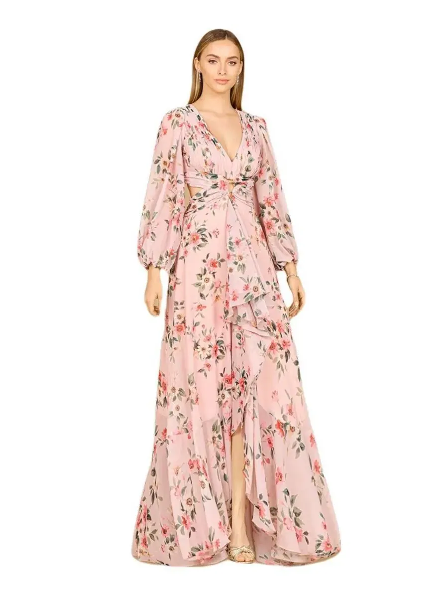 Женское платье с длинными рукавами, V-образным вырезом и многослойной юбкой с принтом Lara — изображение 1 из 2