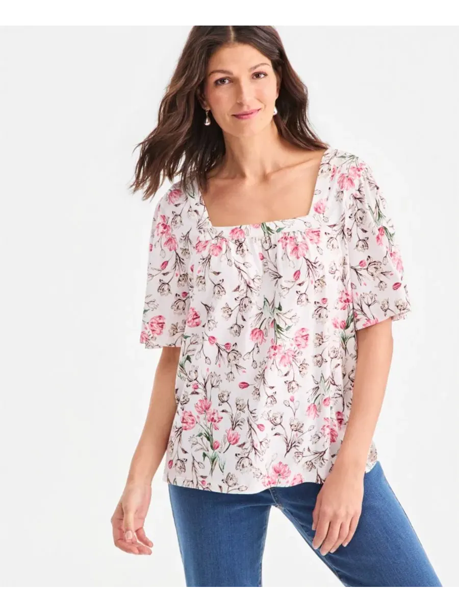 Укороченная блузка с принтом, квадратным вырезом и короткими рукавами Style & Co — изображение 1 из 3, яркий белый