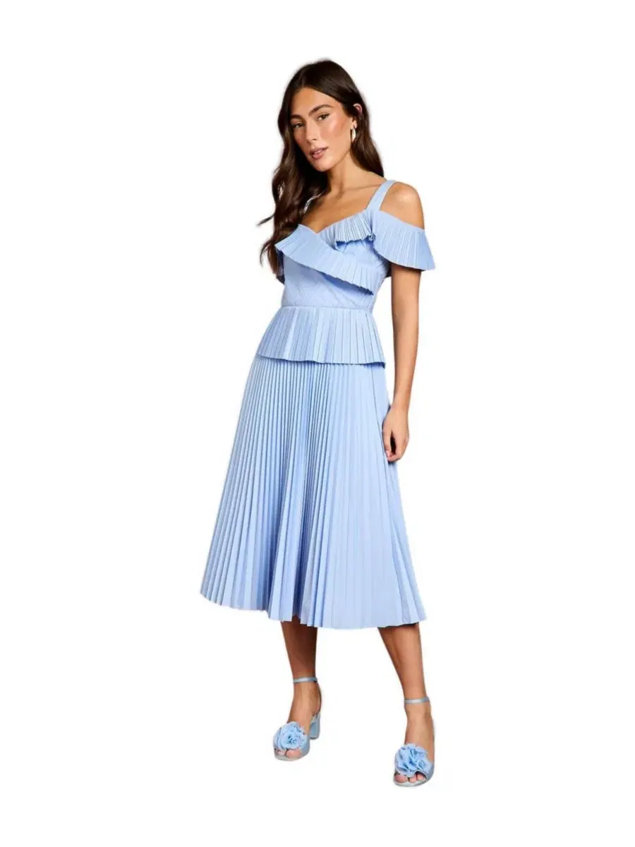 Платье миди с V-образным вырезом и плиссировкой, модель Pleated V-Neck Midi Coast — изображение 1 из 6, светлый синий