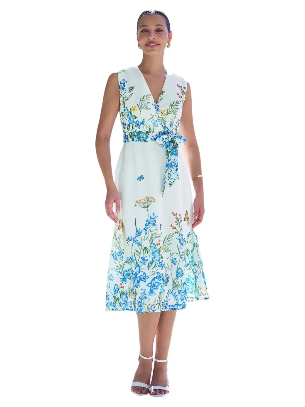 Платье-миди с принтом Butterfly Print Midi Wrap Dress Yumi — изображение 1 из 8, белый