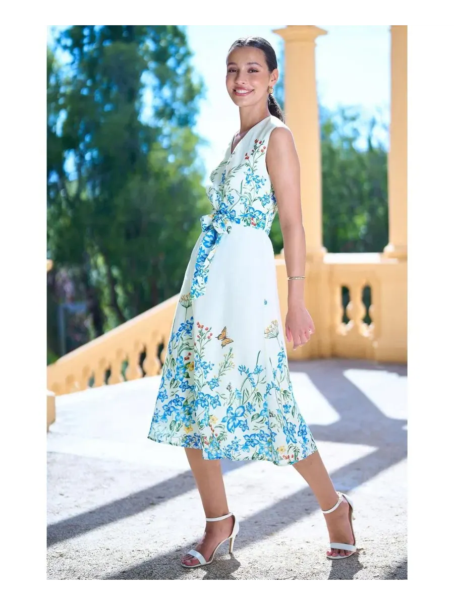 Платье-миди с принтом Butterfly Print Midi Wrap Dress Yumi — изображение 3 из 8, белый