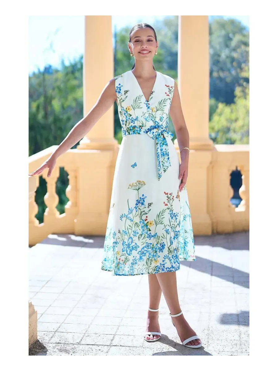 Платье-миди с принтом Butterfly Print Midi Wrap Dress Yumi — изображение 4 из 8, белый