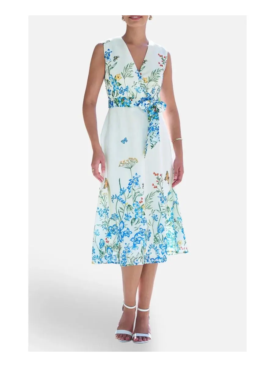 Платье-миди с принтом Butterfly Print Midi Wrap Dress Yumi — изображение 7 из 8, белый