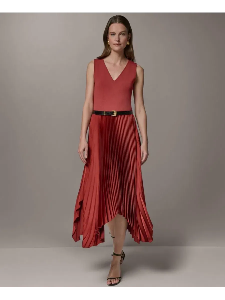Платье-трапеция без рукавов с V-вырезом и юбкой-плиссе Donna Karan New York — изображение 2 из 5, коричневый