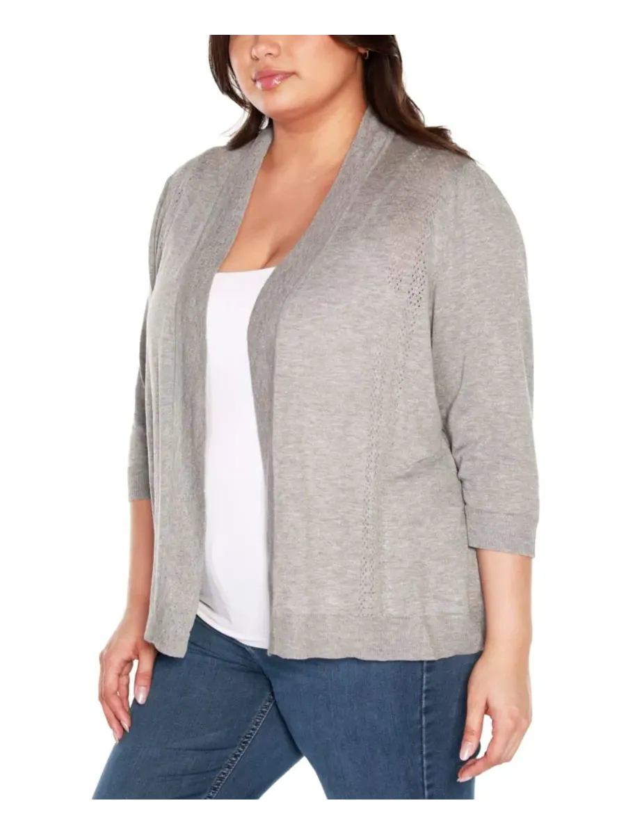 Кардиган женский плюс сайз с открытым передом и рукавом 3/4, модель Pointelle 3/4-Sleeve Open-Front — изображение 2 из 3
