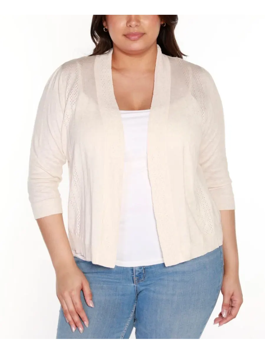 Кардиган с открытым передом и узором пойнтель, 3/4 рукав, Plus Size Belldini, Heather Oatmeal — изображение 1 из 3