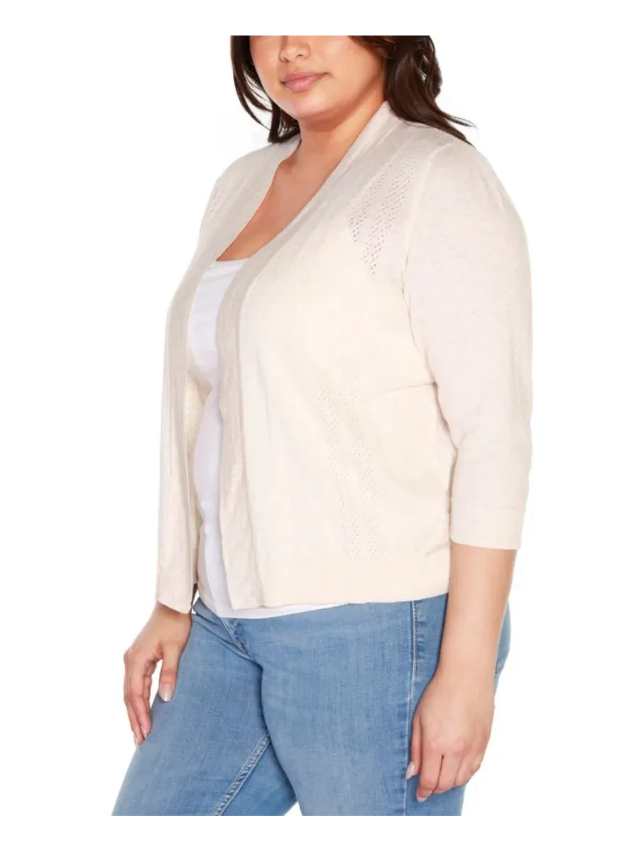 Кардиган с открытым передом и узором пойнтель, 3/4 рукав, Plus Size Belldini, Heather Oatmeal — изображение 3 из 3