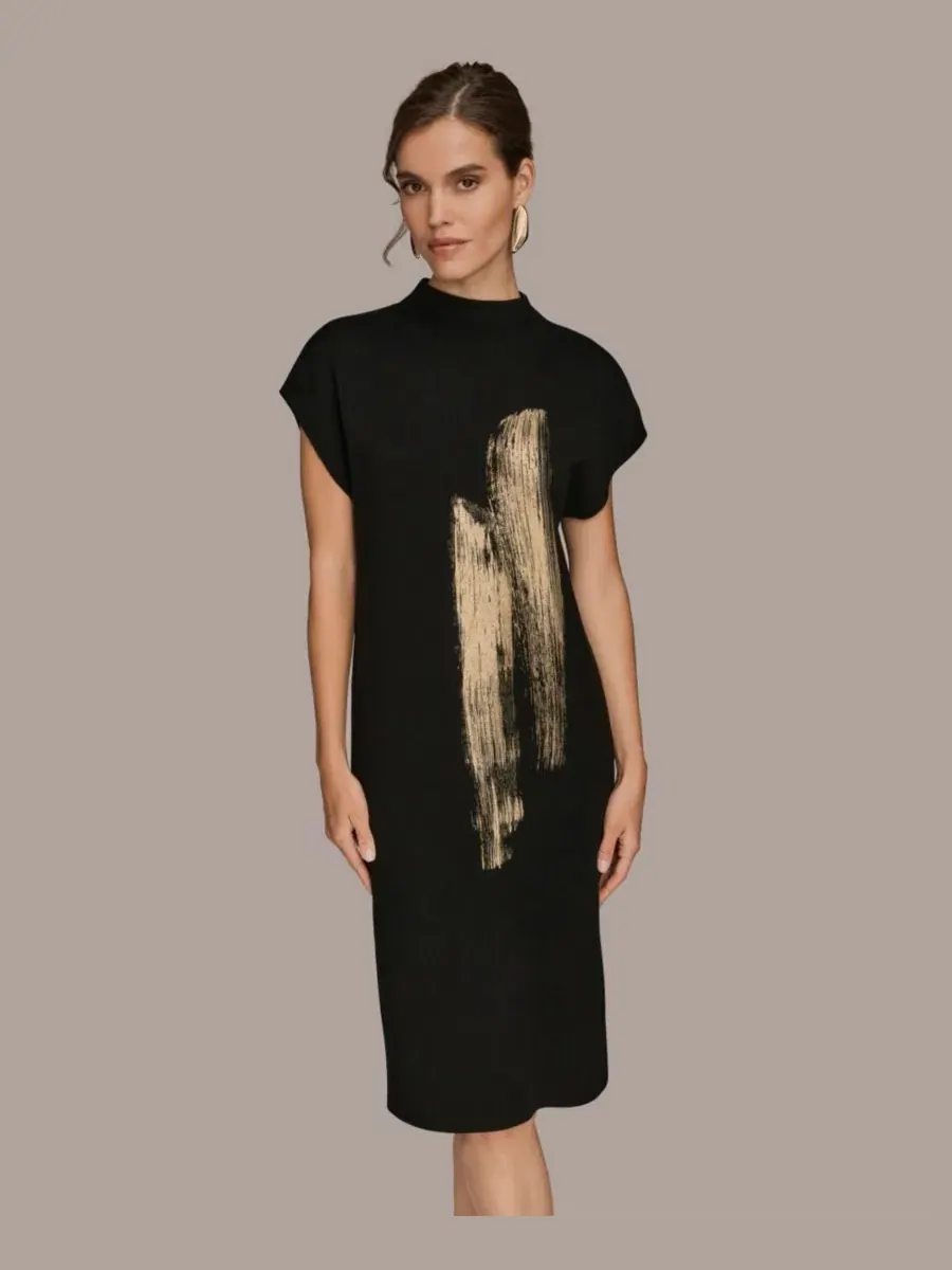 Платье-свитер с запахом, без рукавов — изображение 1 из 7, черный золотистый мульти