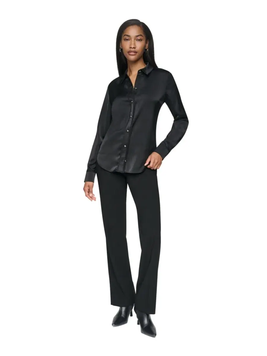 Блузка с длинным рукавом Petite Satin Front-Button Long-Sleeve Top DKNY — изображение 2 из 6, черный