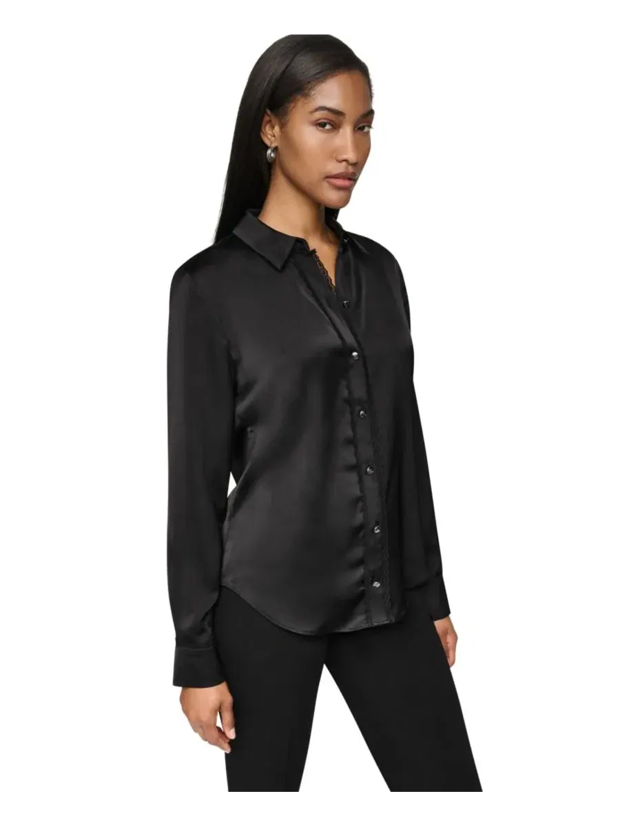 Блузка с длинным рукавом Petite Satin Front-Button Long-Sleeve Top DKNY — изображение 3 из 6, черный